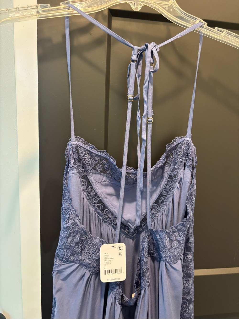 Free People Kiss Me Later Maxi Slip Dress Large Denim Wash Blue Navy Lace NWT - Picture 8 of 9